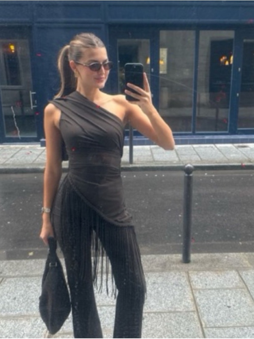 Faithfull the Brand One-Shoulder Black Fringe Jumpsuit